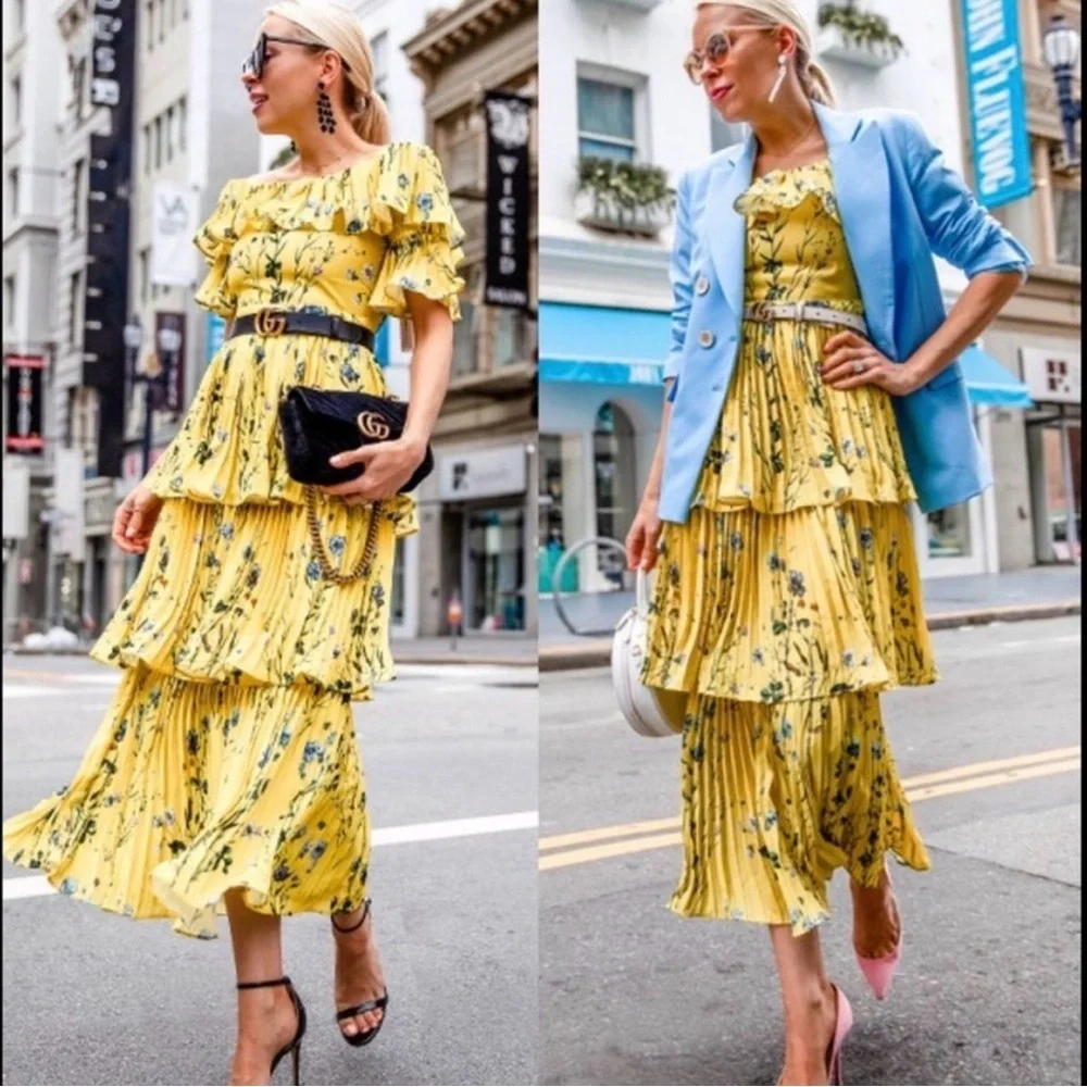 O.P.T Few Moda Yellow Floral Off-Shoulder Tiered Midi Dress